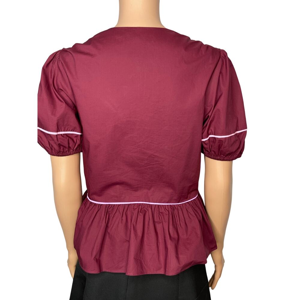 English Factory women’s Piping Detail Top Short Puff Sleeve size XS Burgundy - Picture 6 of 8
